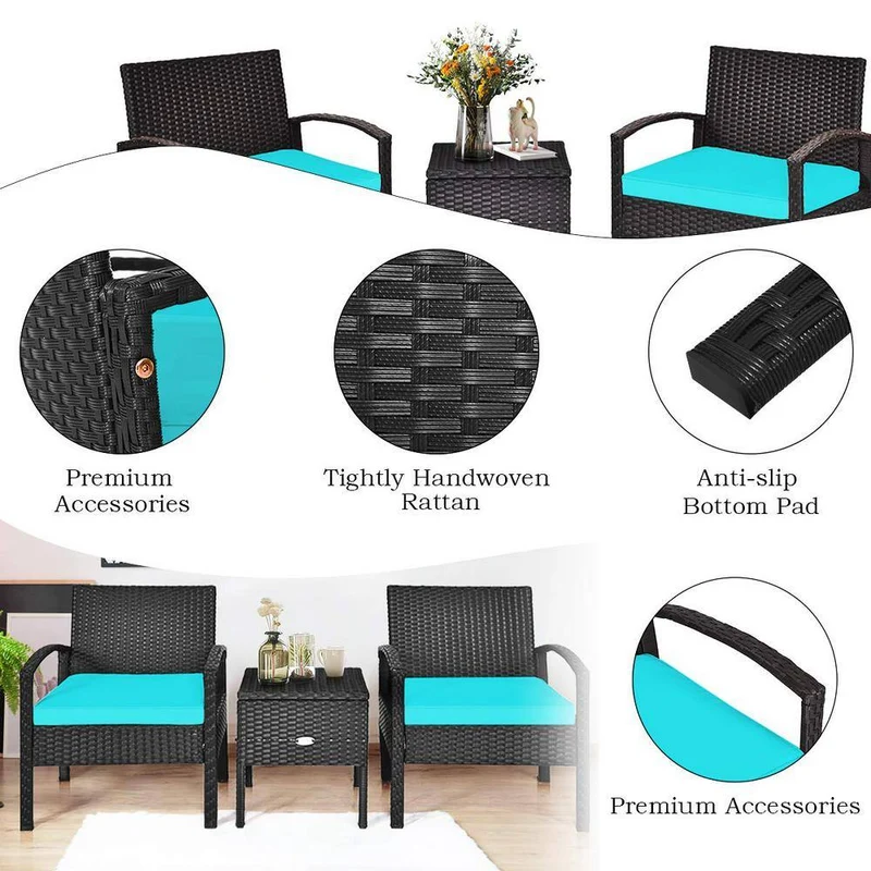 Black 3-Piece Wicker Outdoor Bistro Set with Turquoise Cushions
