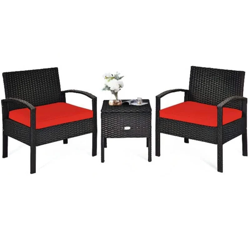 Black 3-Piece Wicker Outdoor Bistro Set with Red Cushions