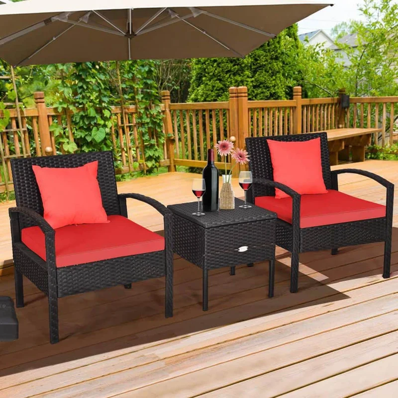 Black 3-Piece Wicker Outdoor Bistro Set with Red Cushions