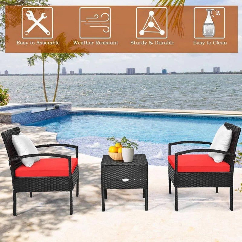 Black 3-Piece Wicker Outdoor Bistro Set with Red Cushions