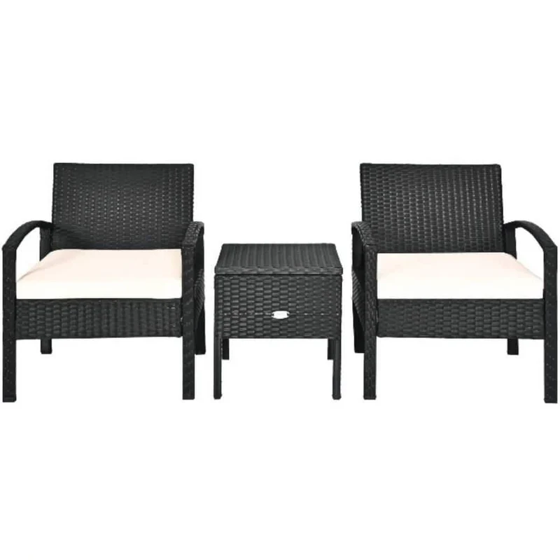 Black 3-Piece Wicker Outdoor Bistro Set with Beige Cushions