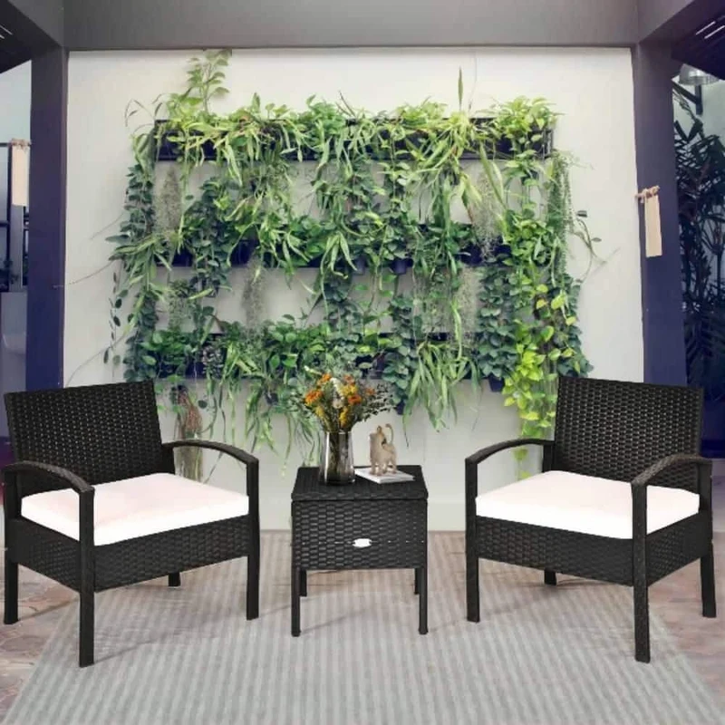 Black 3-Piece Wicker Outdoor Bistro Set with Beige Cushions