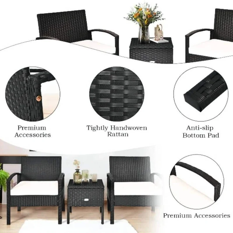 Black 3-Piece Wicker Outdoor Bistro Set with Beige Cushions