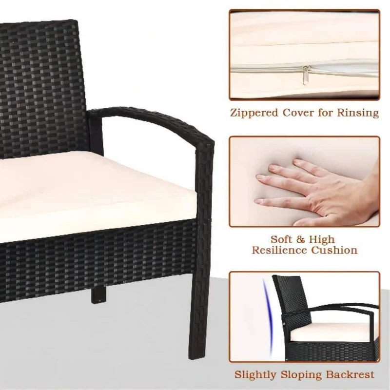 Black 3-Piece Wicker Outdoor Bistro Set with Beige Cushions