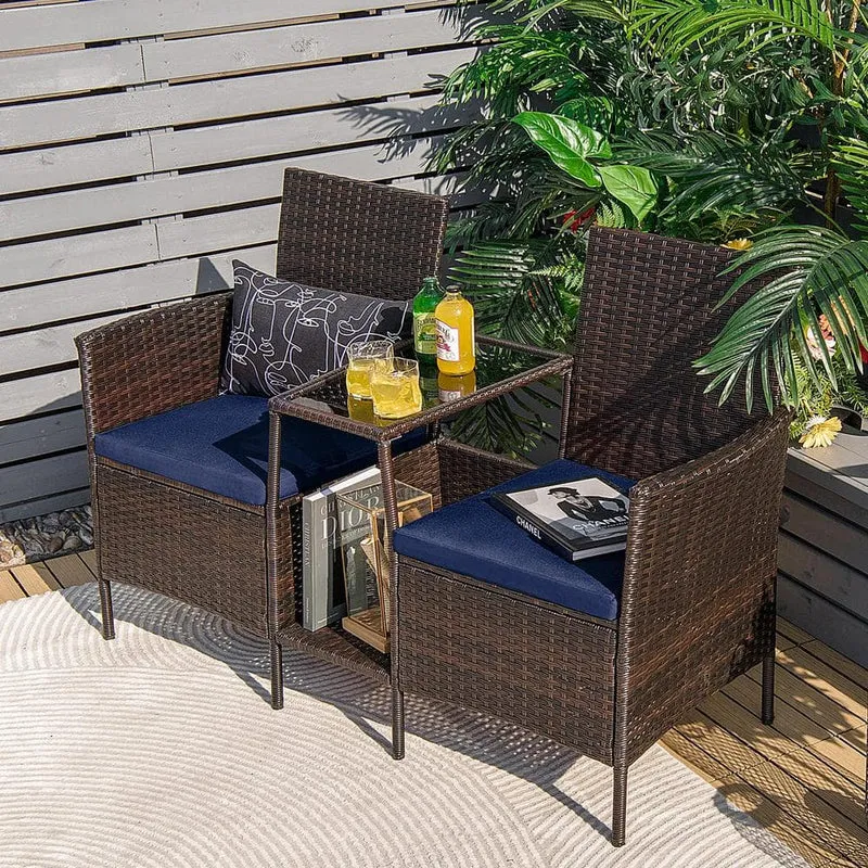 Brown 1-Piece Wicker Patio Conversation Set Seat Sofa Loveseat Glass Table Chair with Navy Cushions