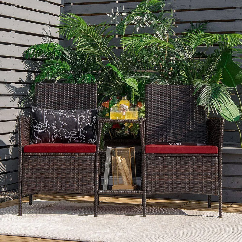Brown 1-Piece Wicker Patio Conversation Set Seat Sofa Loveseat Glass Table Chair with Red Cushions