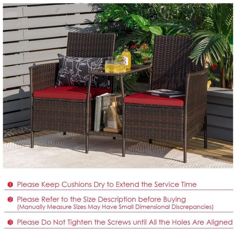 Brown 1-Piece Wicker Patio Conversation Set Seat Sofa Loveseat Glass Table Chair with Red Cushions