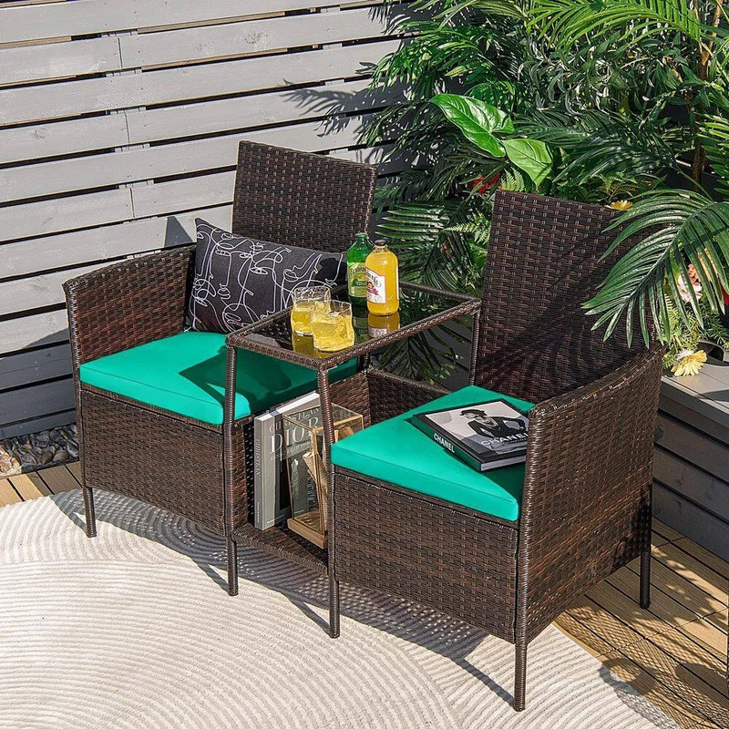 Brown 1-Piece Wicker Patio Conversation Set Seat Sofa Loveseat Glass Table Chair with Turquoise Cushions