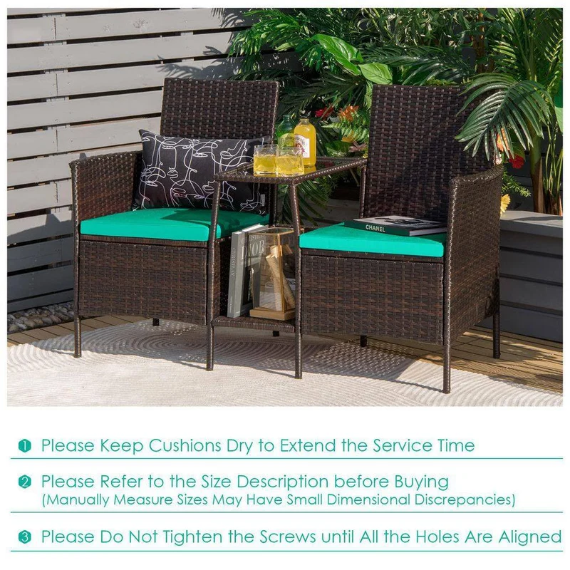 Brown 1-Piece Wicker Patio Conversation Set Seat Sofa Loveseat Glass Table Chair with Turquoise Cushions