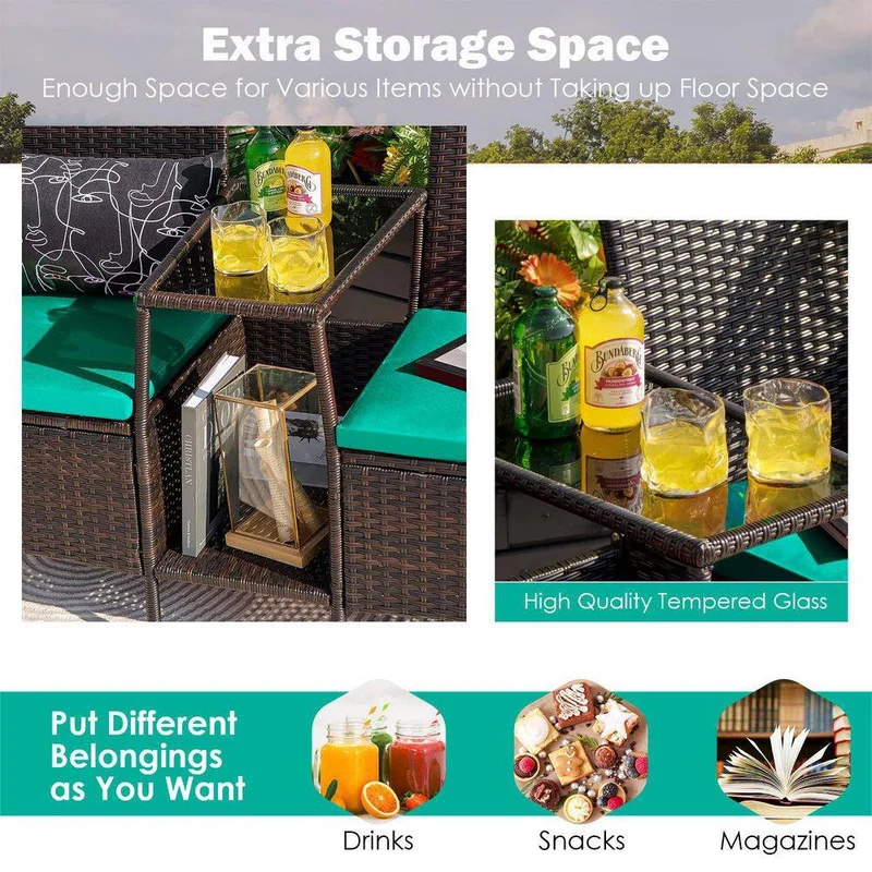 Brown 1-Piece Wicker Patio Conversation Set Seat Sofa Loveseat Glass Table Chair with Turquoise Cushions