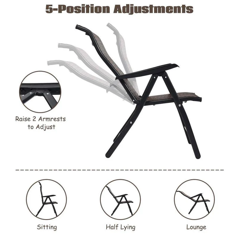 Brown Back Adjustable Outdoor Folding Wicker Patio Recliner Chair with Armrest