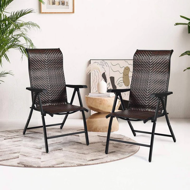 Back Adjustable Folding Wicker Patio Recliner Chair with Armrest (2-Pack)