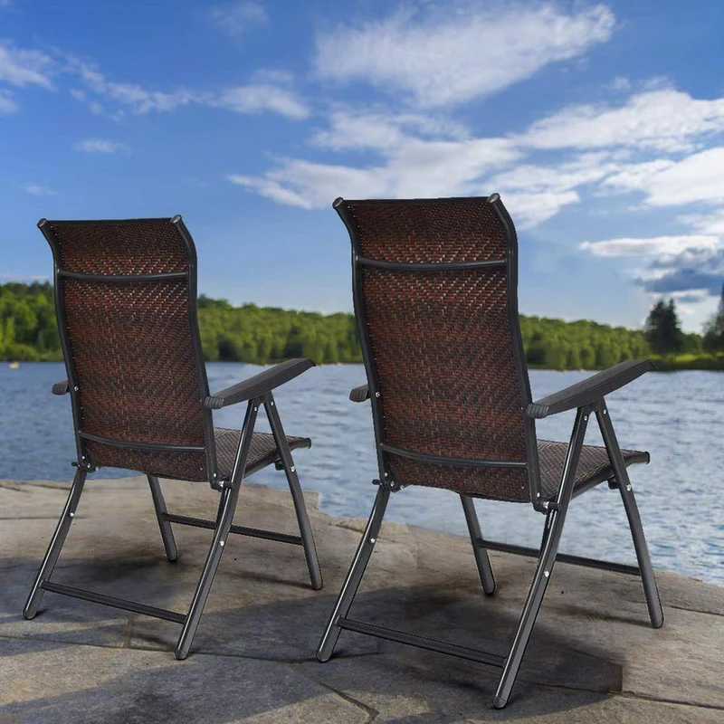 Back Adjustable Folding Wicker Patio Recliner Chair with Armrest (2-Pack)