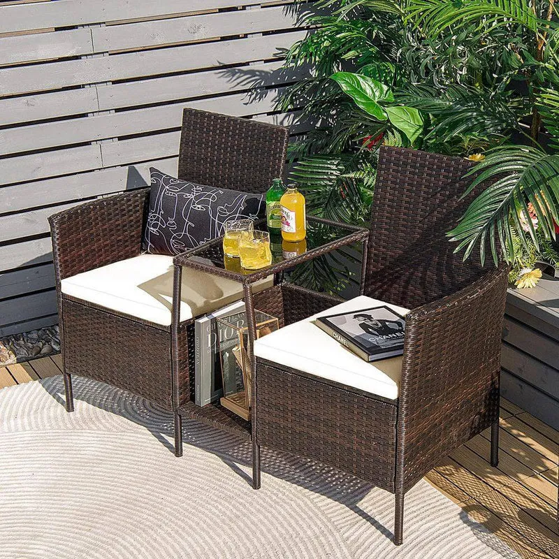 Brown 1-Piece Wicker Patio Conversation Set Seat Sofa Loveseat Glass Table Chair with White Cushions