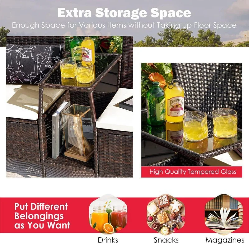Brown 1-Piece Wicker Patio Conversation Set Seat Sofa Loveseat Glass Table Chair with White Cushions