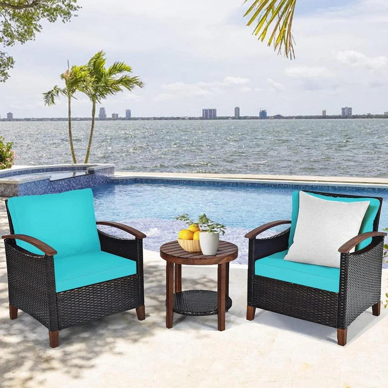 3-Piece Wicker Outdoor Bistro Set with Turquoise Cushions