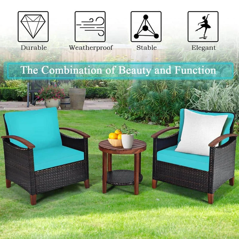 3-Piece Wicker Outdoor Bistro Set with Turquoise Cushions
