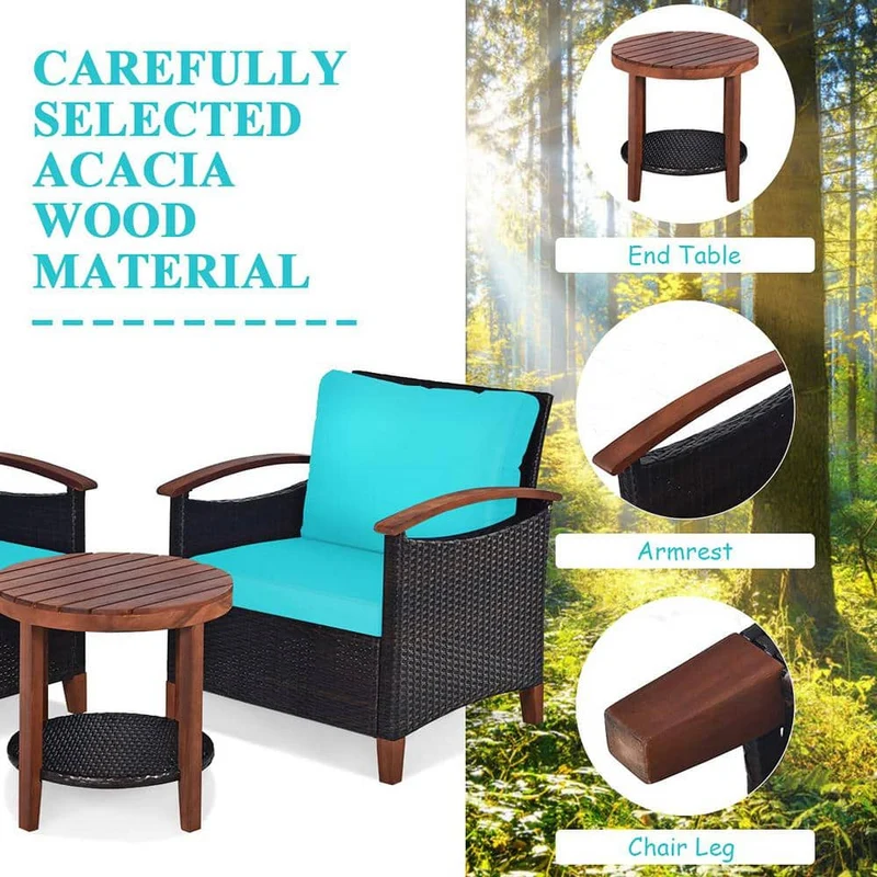 3-Piece Wicker Outdoor Bistro Set with Turquoise Cushions