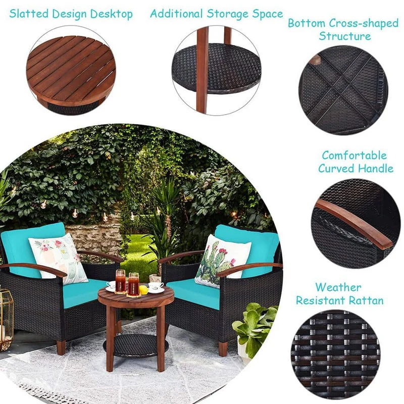 3-Piece Wicker Outdoor Bistro Set with Turquoise Cushions
