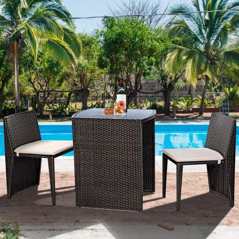 Brown 3-Piece Wicker Patio Conversation Set with Beige Cushions