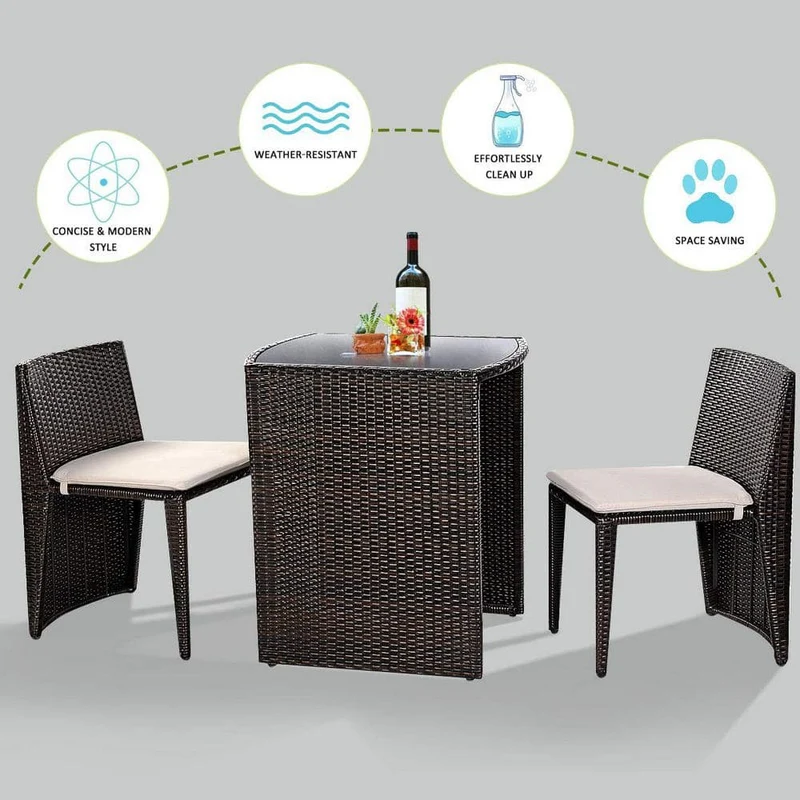 Brown 3-Piece Wicker Patio Conversation Set with Beige Cushions