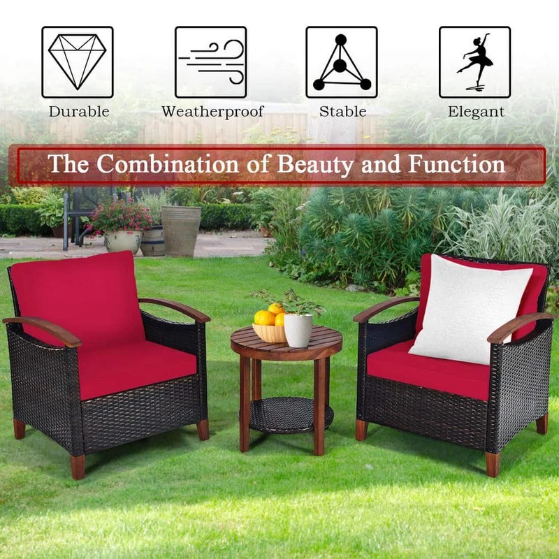 3-Piece Wicker Outdoor Bistro Set with Red Cushions