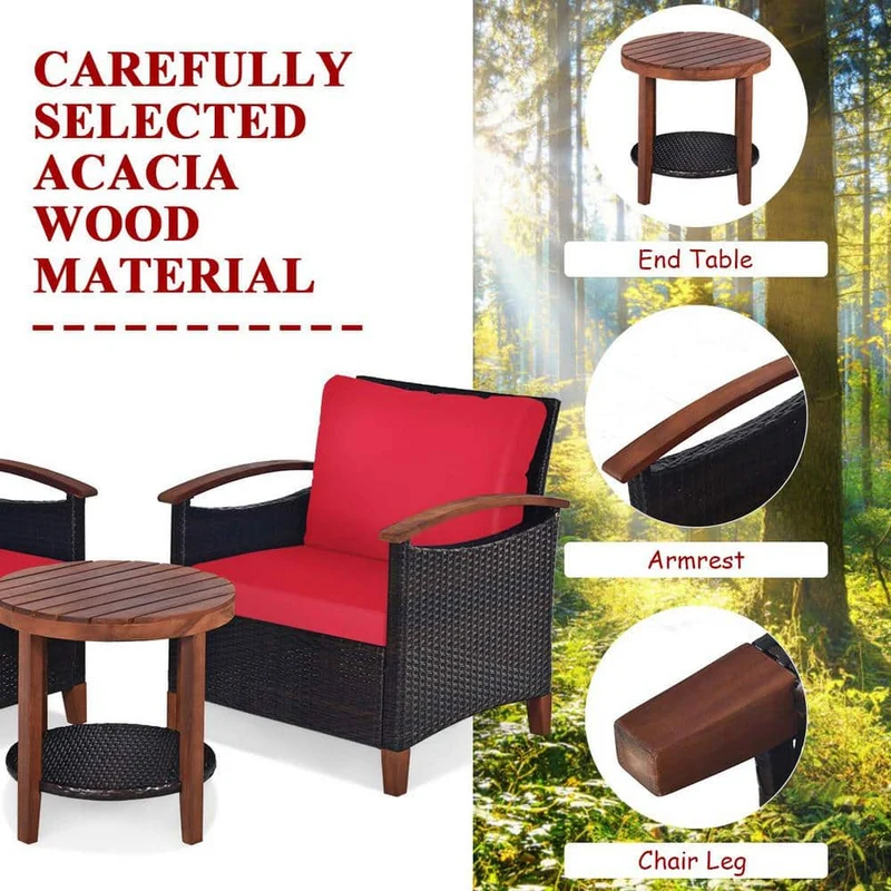 3-Piece Wicker Outdoor Bistro Set with Red Cushions