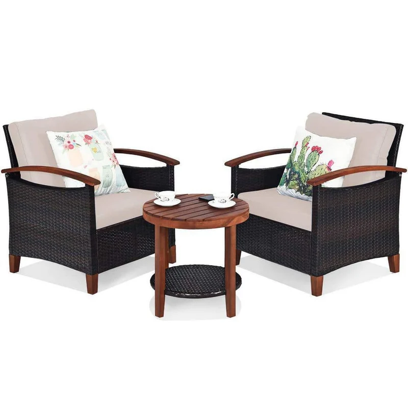 3-Piece Wicker Outdoor Bistro Set with Beige Cushions