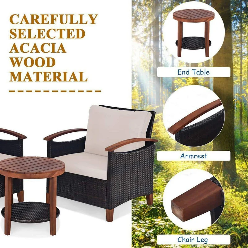 3-Piece Wicker Outdoor Bistro Set with Beige Cushions