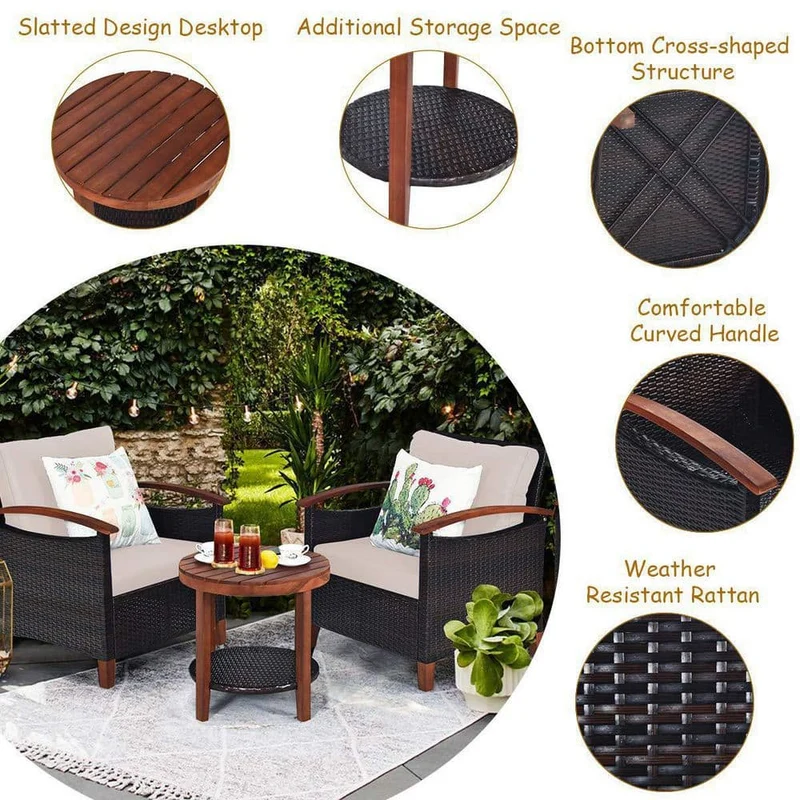 3-Piece Wicker Outdoor Bistro Set with Beige Cushions