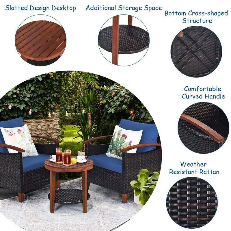 3-Piece Wicker Outdoor Bistro Set with Blue Cushions