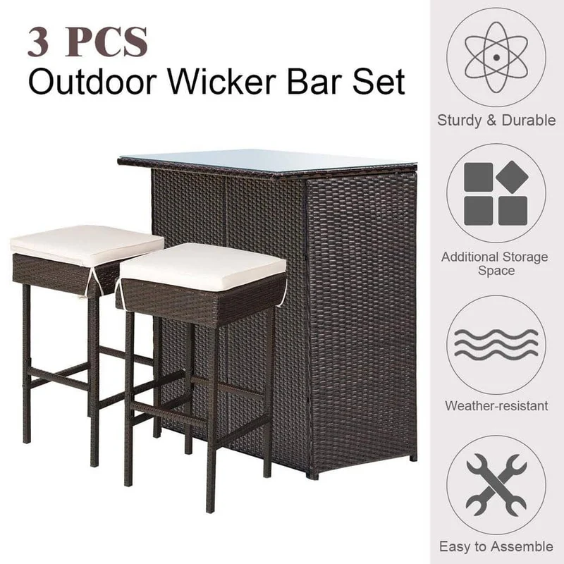 Brown 3-Piece Wicker Outdoor Serving Bar Set with Beige Cushions