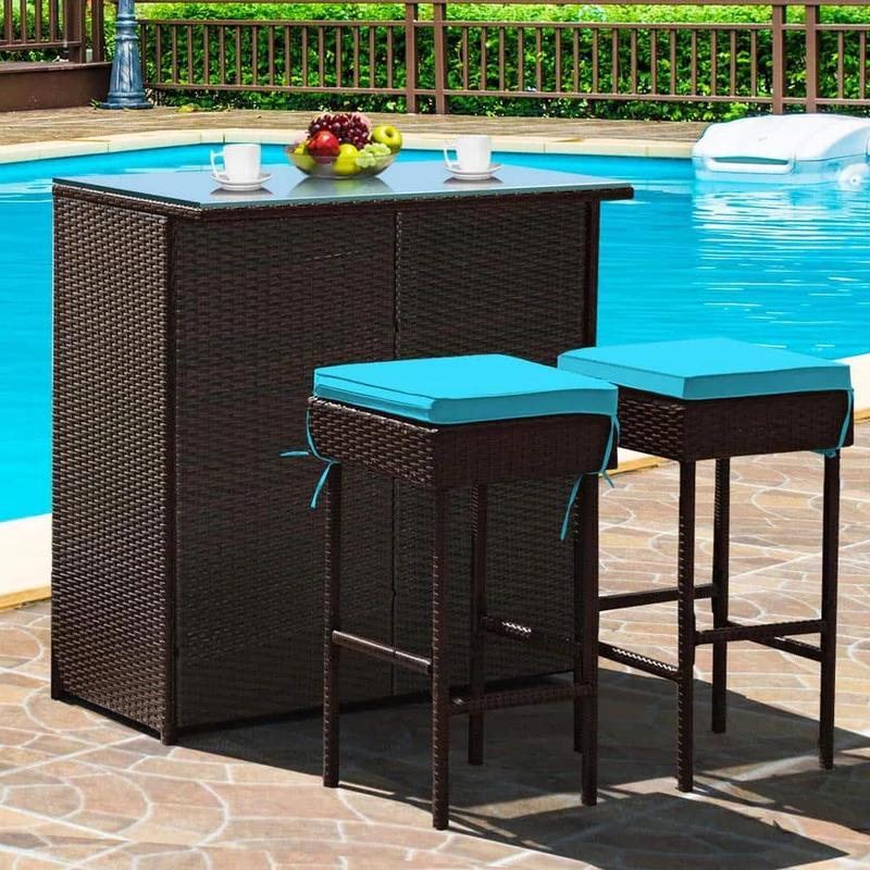 Brown 3-Piece Wicker Outdoor Serving Bar Set