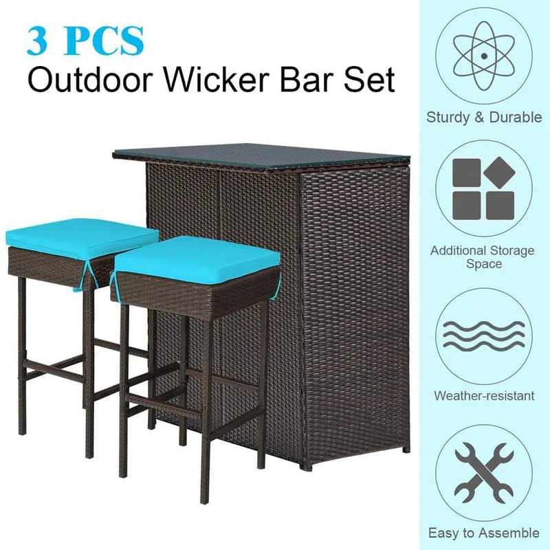 Brown 3-Piece Wicker Outdoor Serving Bar Set
