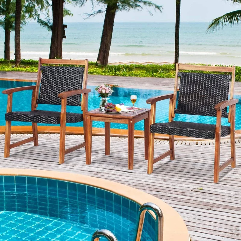 Brown 3-Piece Acacia Wood Outdoor Patio Bistro Set with Coffee Table