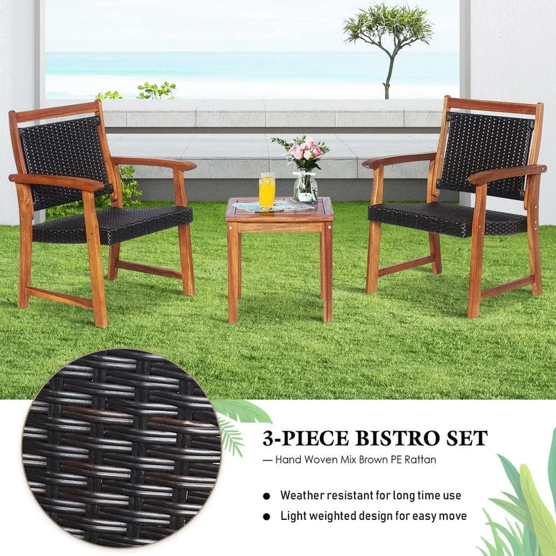 Brown 3-Piece Acacia Wood Outdoor Patio Bistro Set with Coffee Table