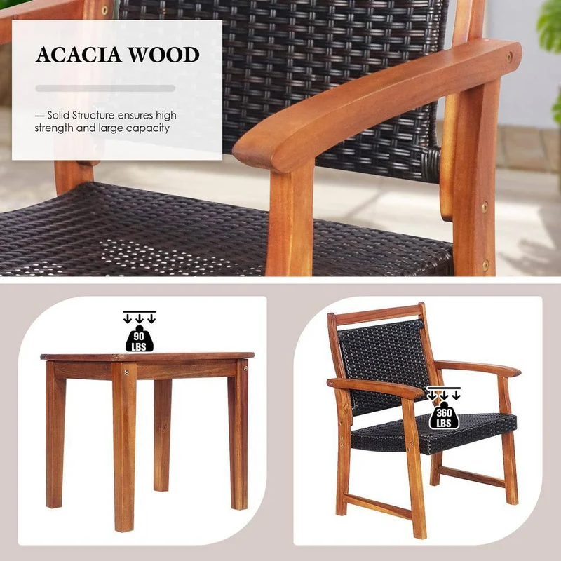 Brown 3-Piece Acacia Wood Outdoor Patio Bistro Set with Coffee Table