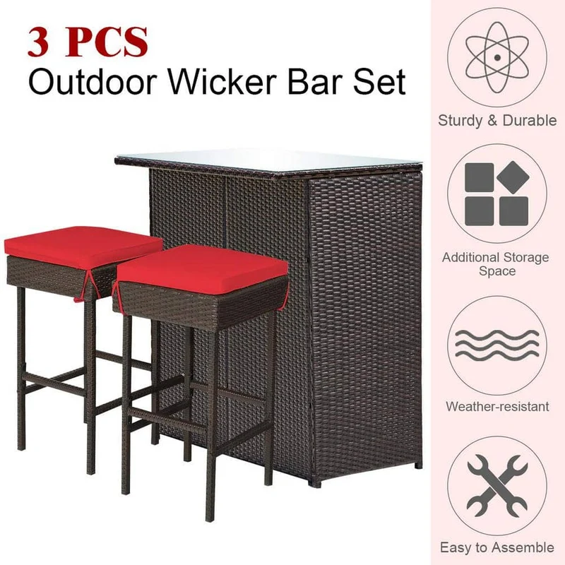 Brown 3-Piece Wicker Outdoor Serving Bar Set with Red Cushions