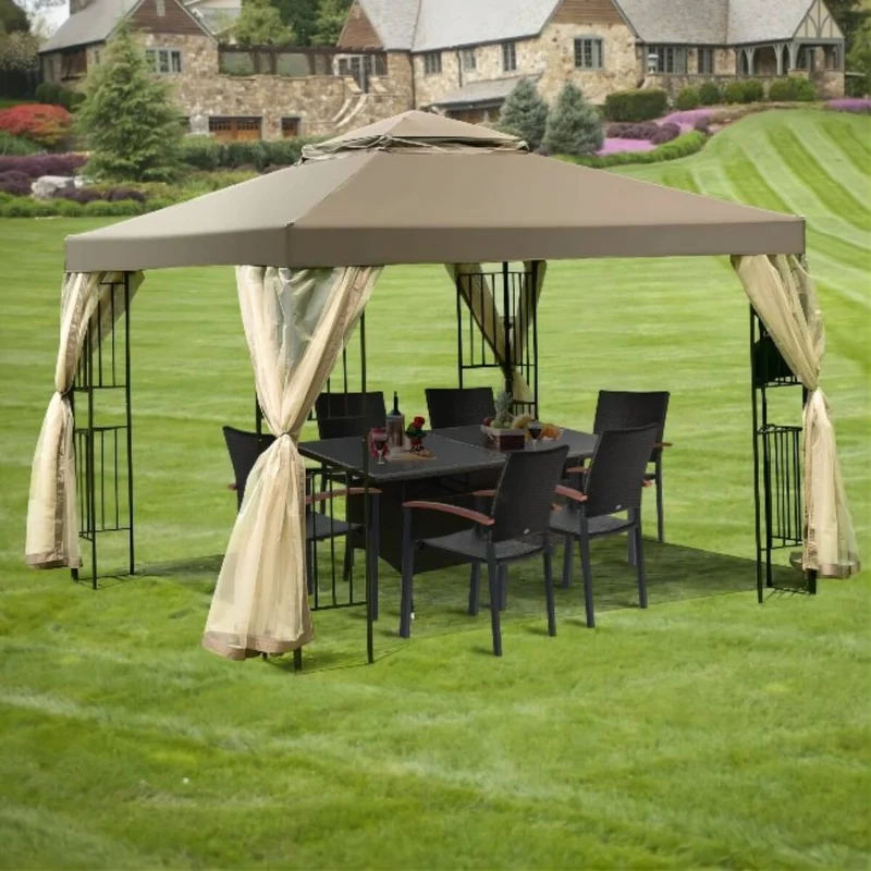 2-Tier 10 ft. x 10 ft. Dark Brown Gazebo Canopy Tent with Netting