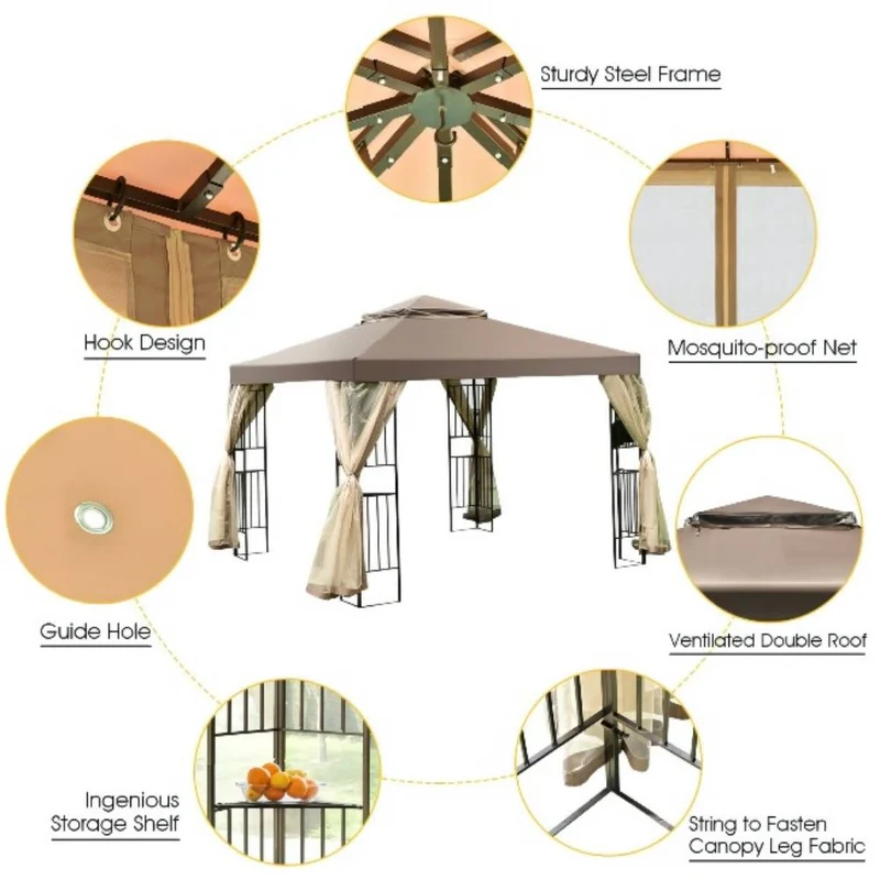 2-Tier 10 ft. x 10 ft. Dark Brown Gazebo Canopy Tent with Netting