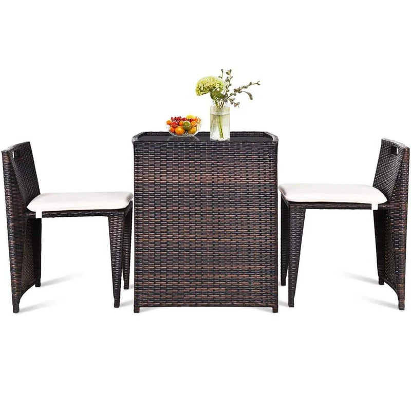 Brown 3-Piece Wicker Patio Conversation Set with White Cushions