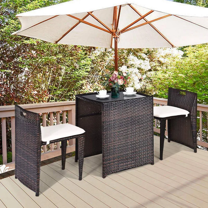 Brown 3-Piece Wicker Patio Conversation Set with White Cushions
