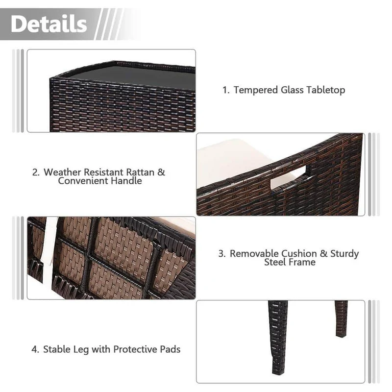 Brown 3-Piece Wicker Patio Conversation Set with White Cushions