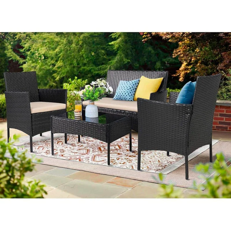 Black 4-Piece Wicker Patio Conversation Seating Set with Beige Cushions