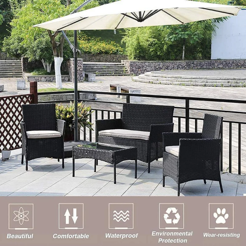 Black 4-Piece Wicker Patio Conversation Seating Set with Beige Cushions