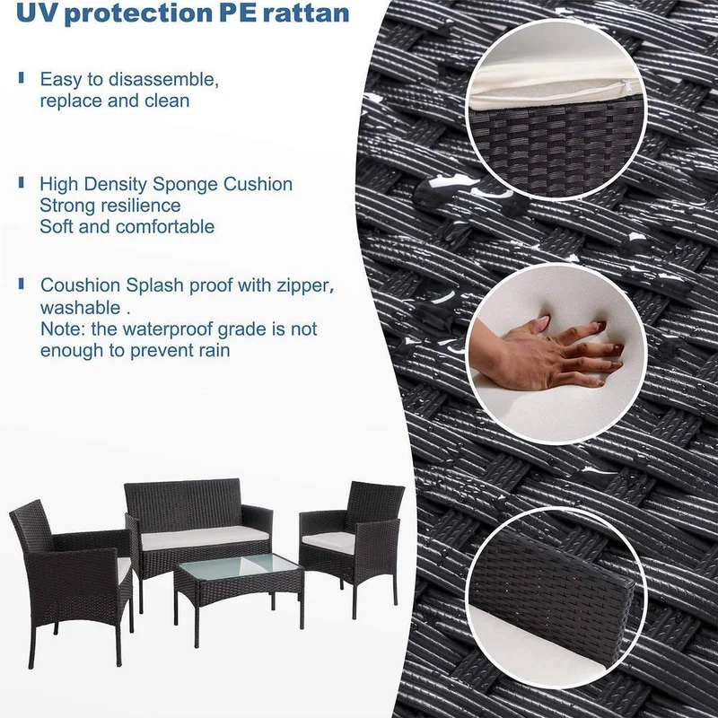 Black 4-Piece Wicker Patio Conversation Seating Set with Beige Cushions