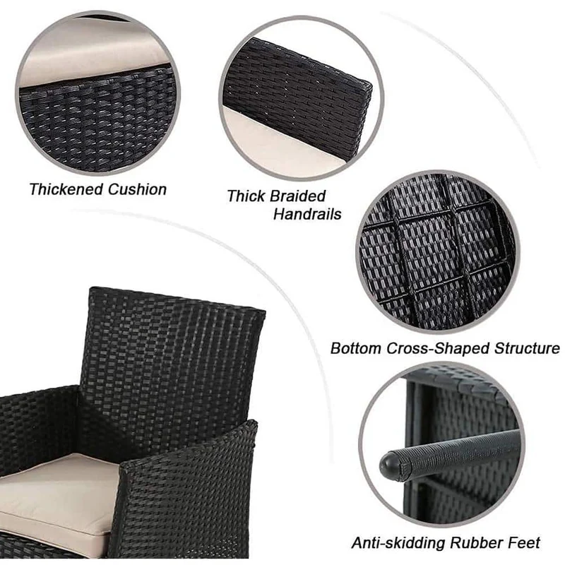 Black 4-Piece Wicker Patio Conversation Seating Set with Beige Cushions