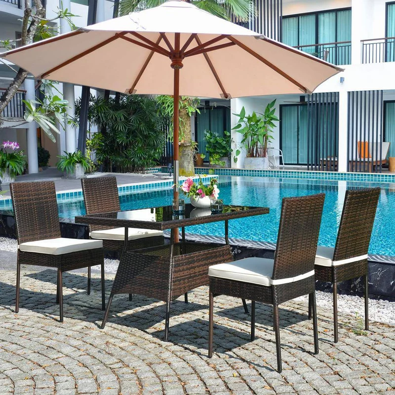 Brown 5-Piece Wicker Outdoor Dining Set with Glass Table and Beige Cushions