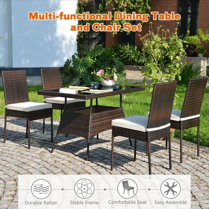 Brown 5-Piece Wicker Outdoor Dining Set with Glass Table and Beige Cushions