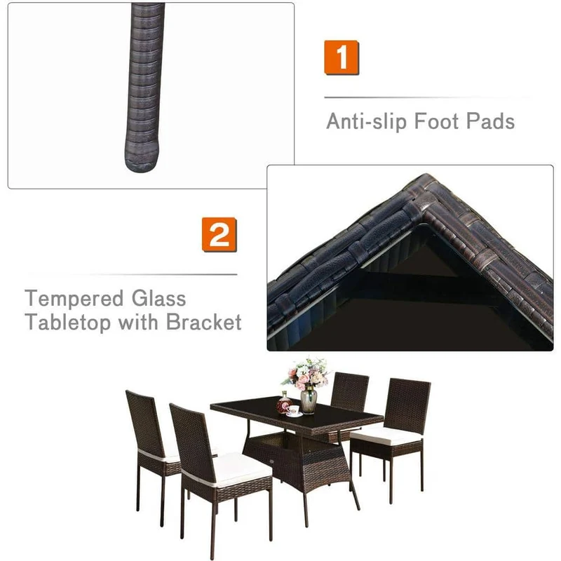 Brown 5-Piece Wicker Outdoor Dining Set with Glass Table and Beige Cushions